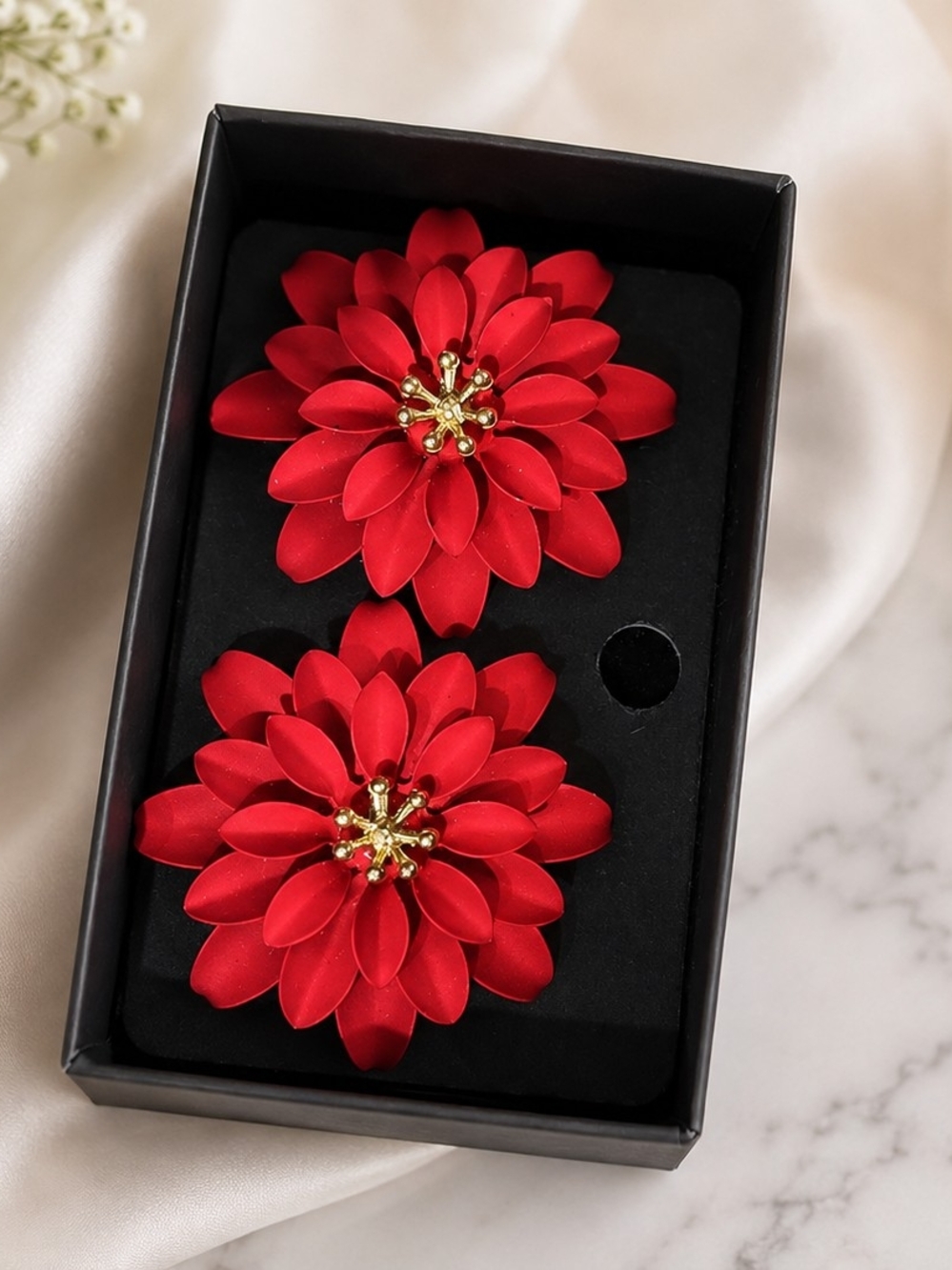 Red Floral Statement Earrings - Elegant Holiday Flower Studs